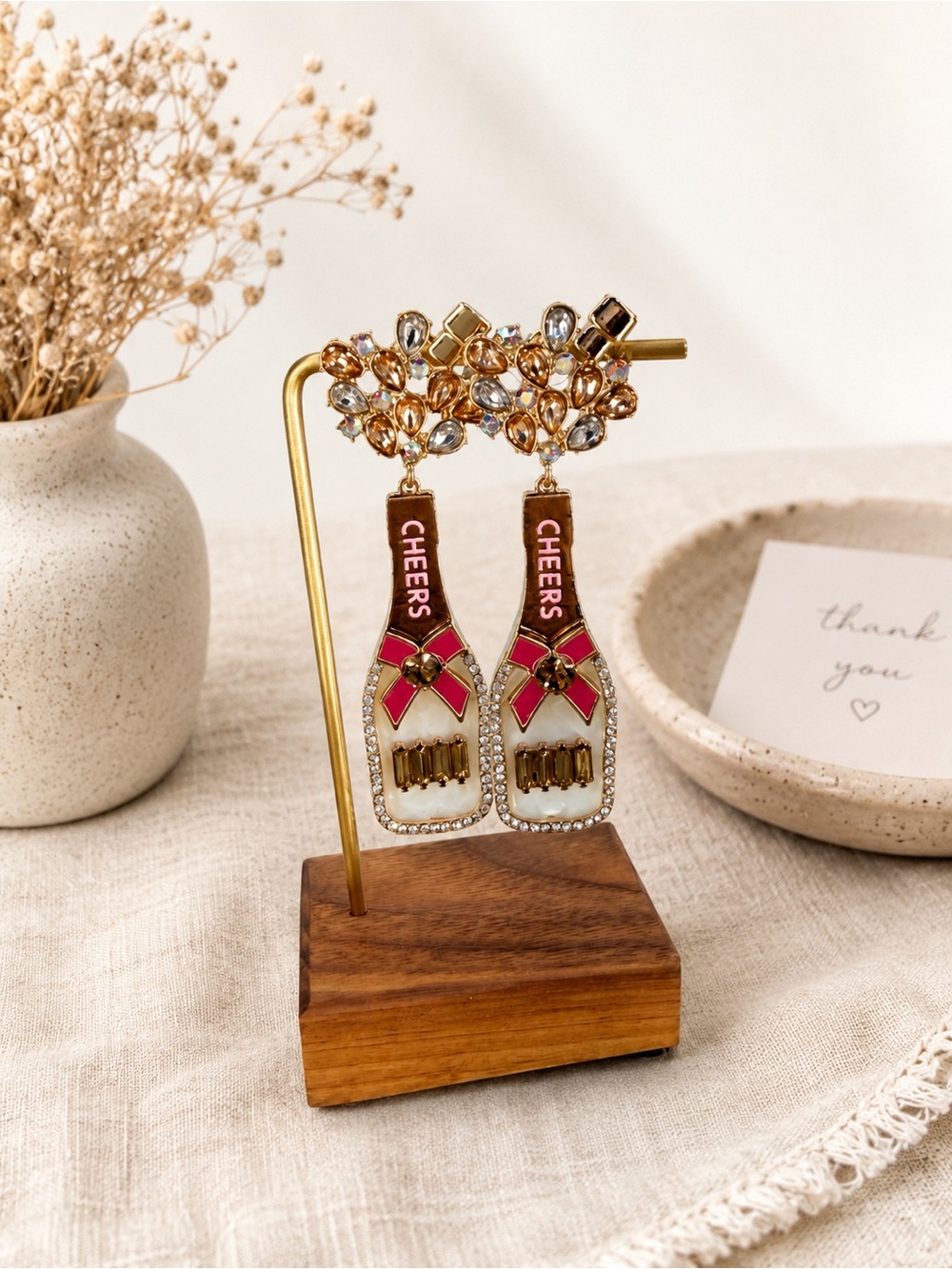 Ruff-Skch‎ Cheers Champagne Bottle Dangle Earrings Rhinestone NWT